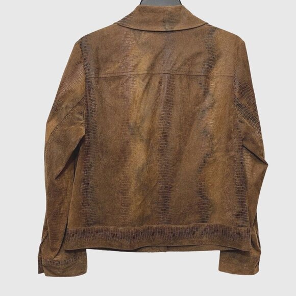 BIRCH HILL Snakeskin Moto Trucker‎ Jacket Women Medium Brown Multi Faux Suede - Picture 6 of 14